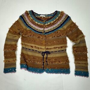 Carducci Womens Boho Crochet Knit Cardigan Striped Sequin Sweater Brown Small